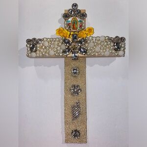 Wood ✝️ w/Repurposed Jewerly of La Virgen de Guadalupe 💛, cream, silver & 🤍color